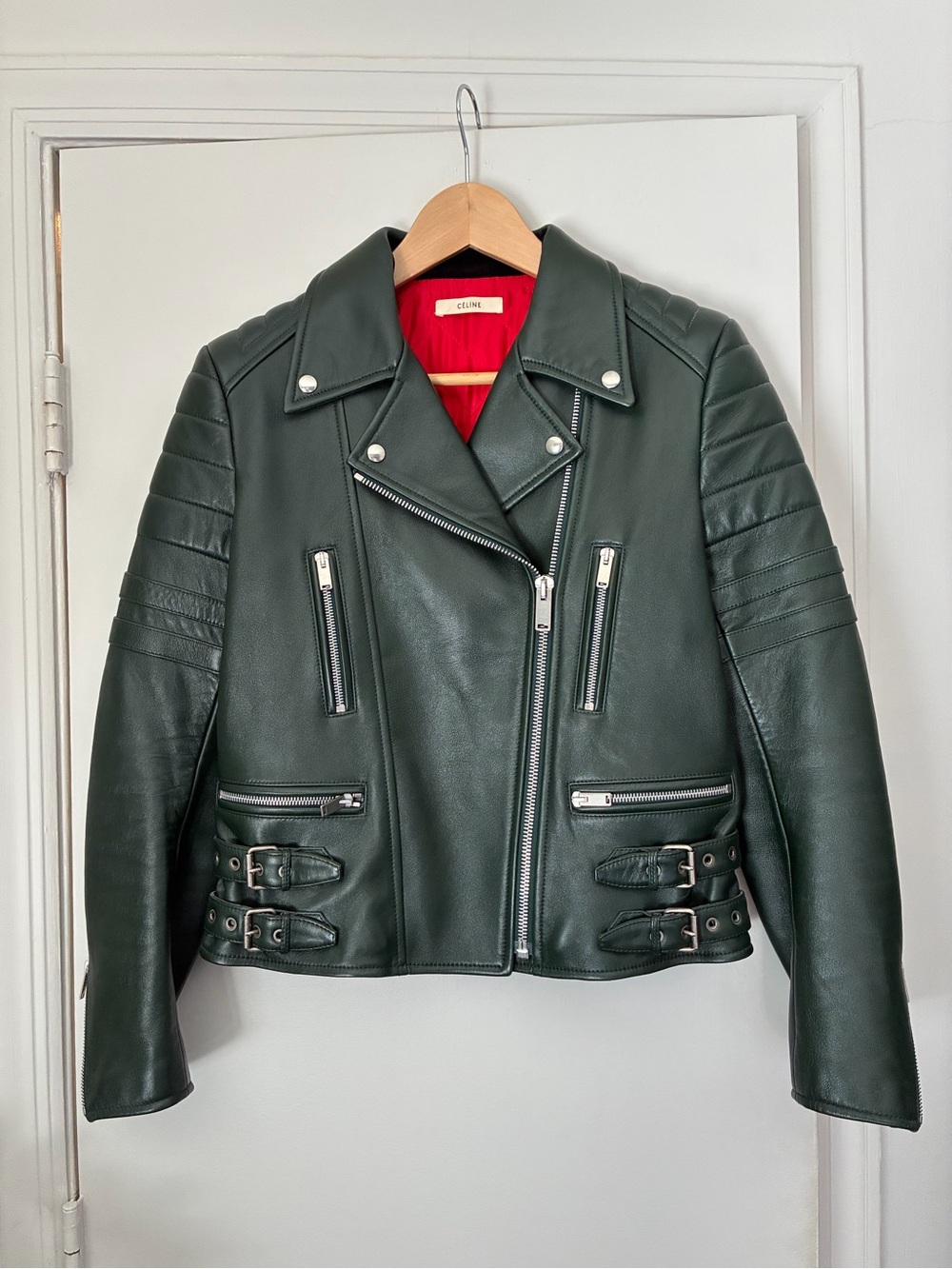 CELINE Phoebe Philo Women's Green Leather Biker Moto Zip Jacket FR40 fits US4/6